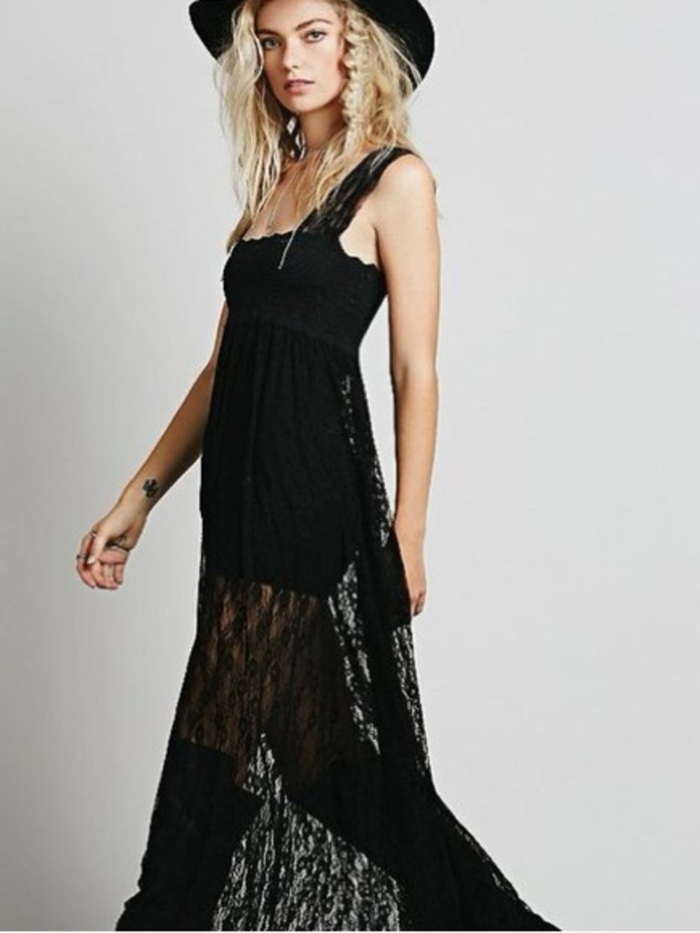Free people black lace Romance in the air maxi slip dress